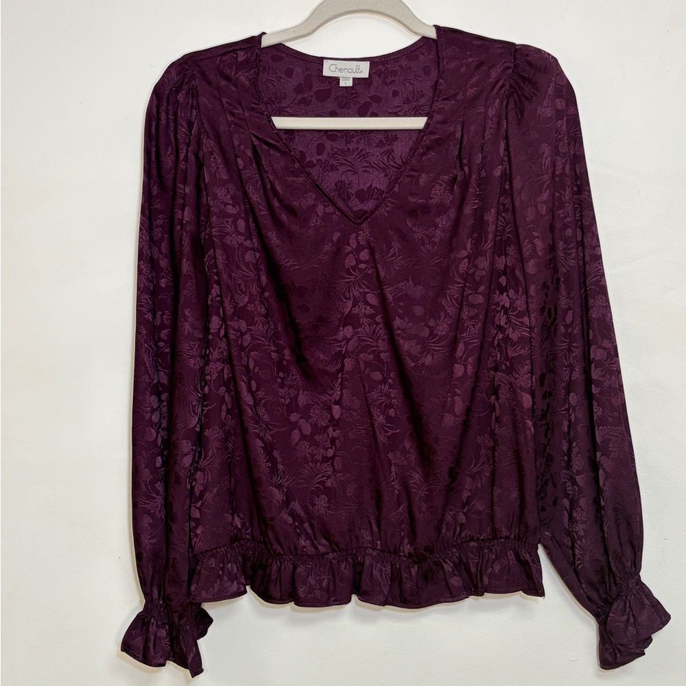 Chenault Plum Jacquard V-Neck Ruffle Hem Blouse -Size L